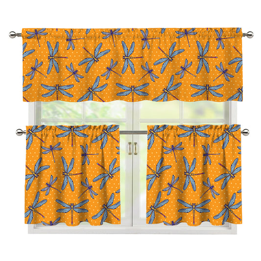 Polka Dot Dragonfly Pattern Print 3 Piece Kitchen Curtains