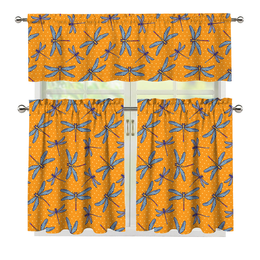 Polka Dot Dragonfly Pattern Print 3 Piece Kitchen Curtains