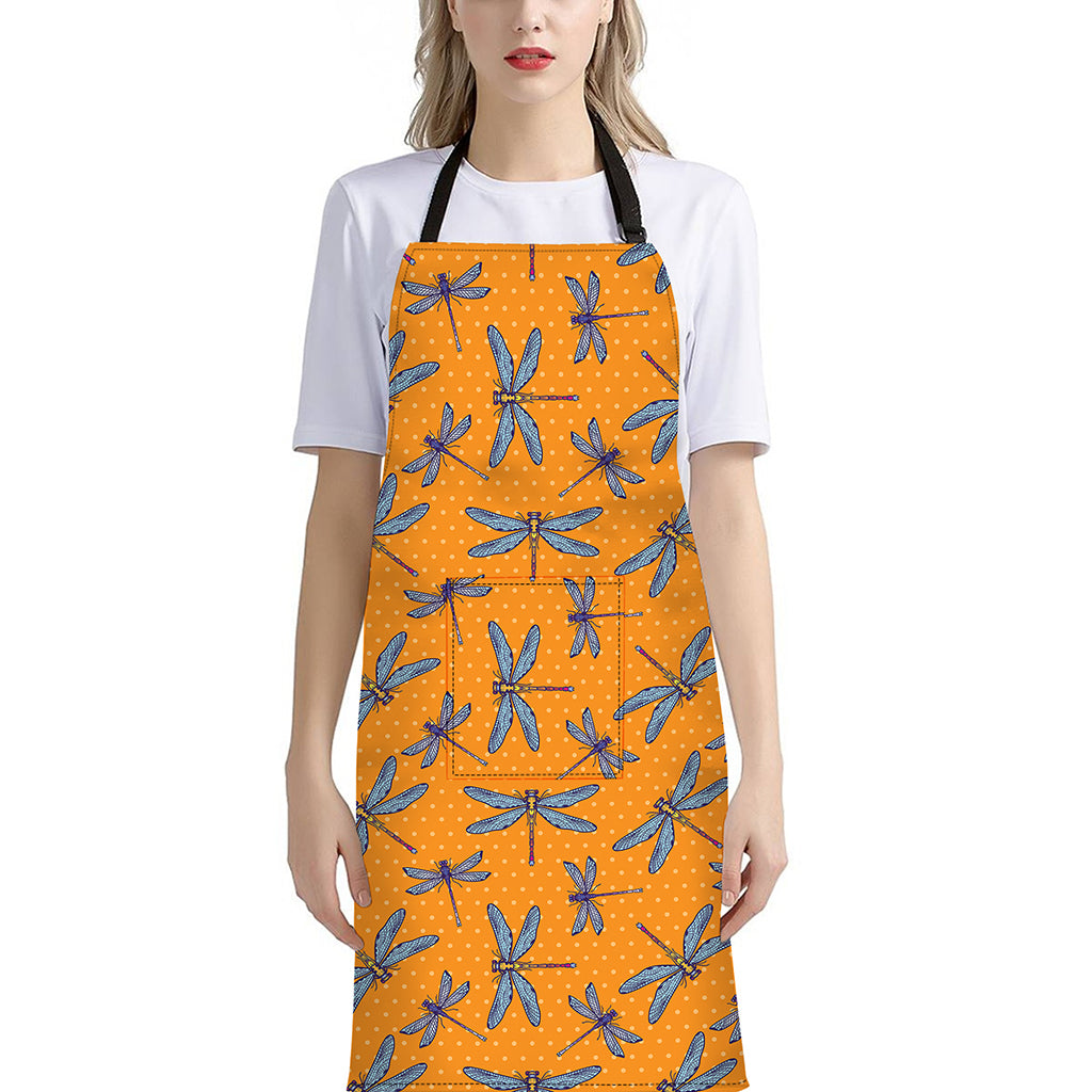 Polka Dot Dragonfly Pattern Print Bib Apron With Pocket