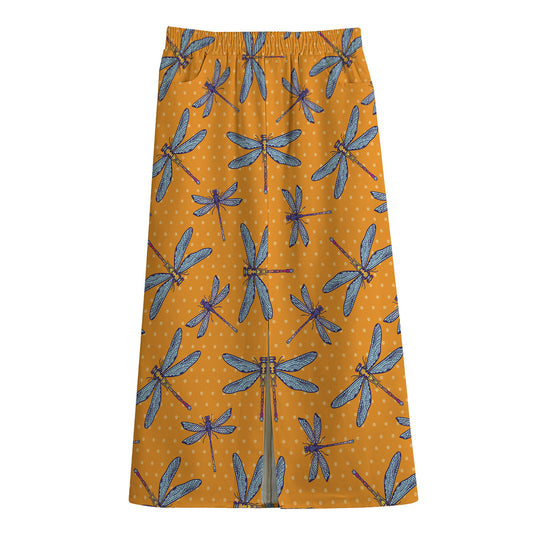 Polka Dot Dragonfly Pattern Print Cotton Front Slit Maxi Skirt