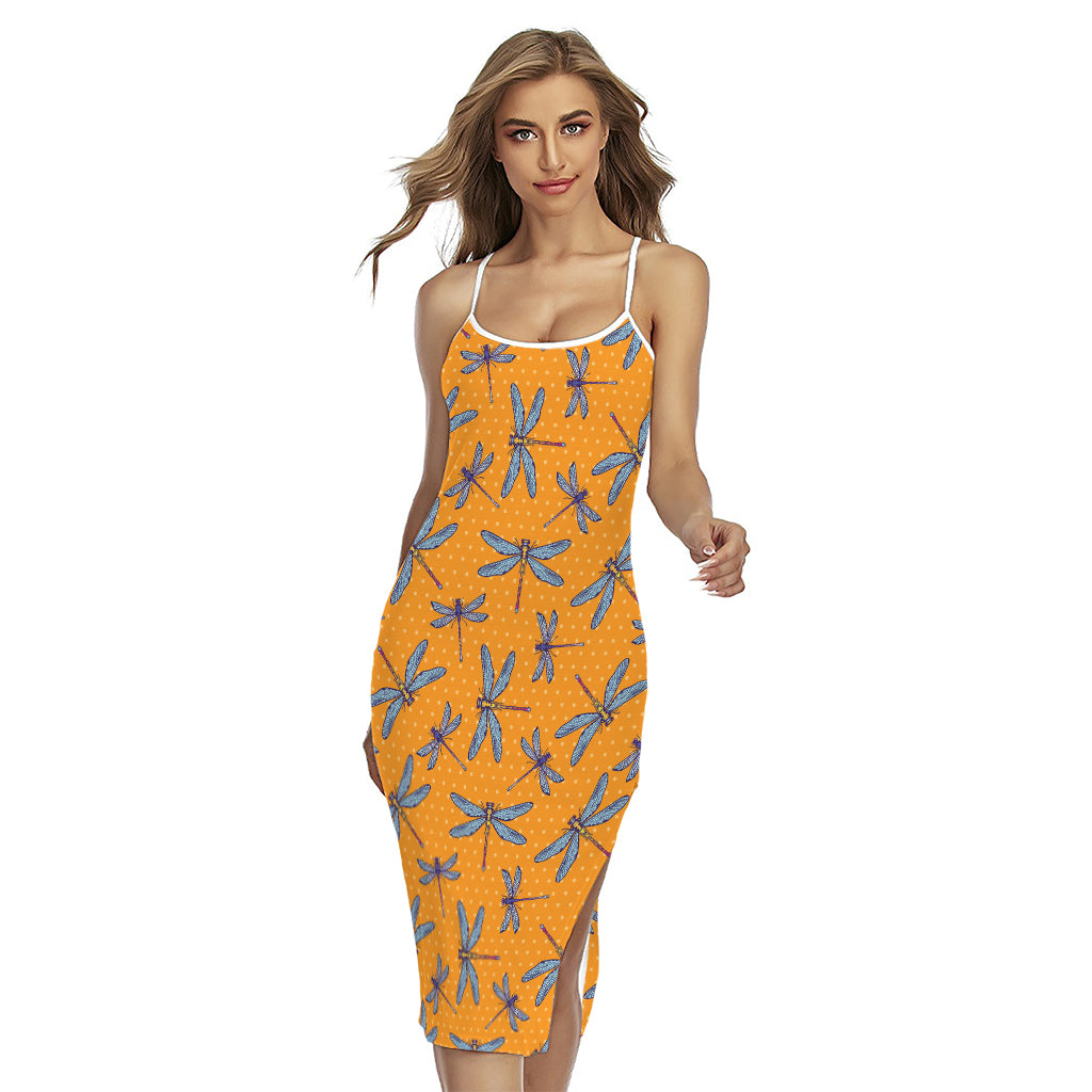 Polka Dot Dragonfly Pattern Print Cross Back Cami Dress