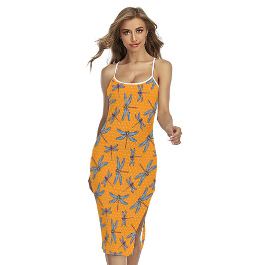 Polka Dot Dragonfly Pattern Print Cross Back Cami Dress