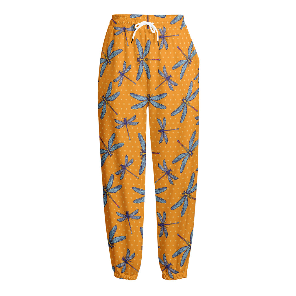 Polka Dot Dragonfly Pattern Print Fleece Lined Knit Pants