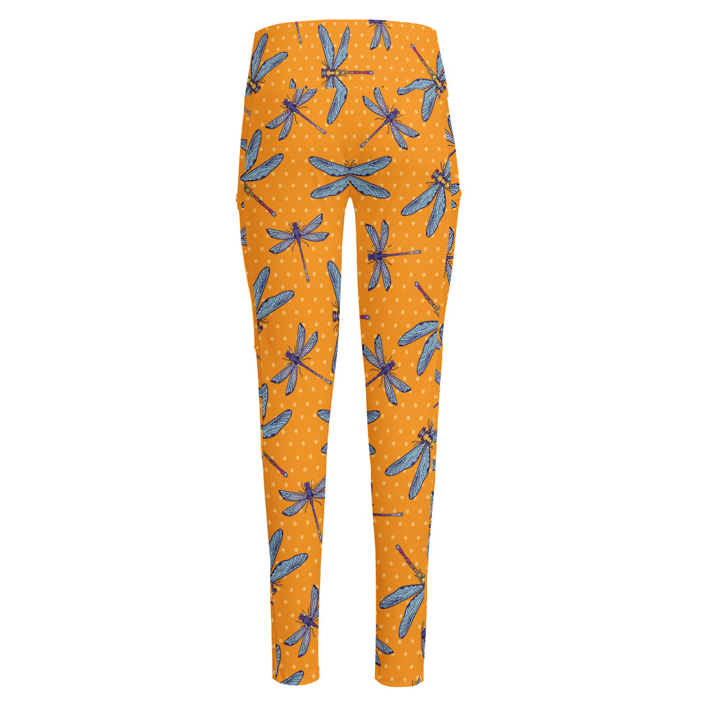 Polka Dot Dragonfly Pattern Print High-Waisted Pocket Leggings