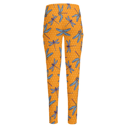 Polka Dot Dragonfly Pattern Print High-Waisted Pocket Leggings
