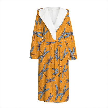 Polka Dot Dragonfly Pattern Print Hooded Bathrobe
