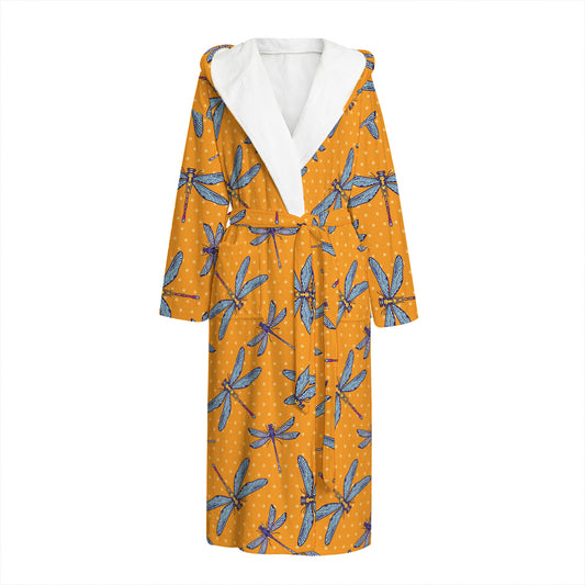 Polka Dot Dragonfly Pattern Print Hooded Bathrobe