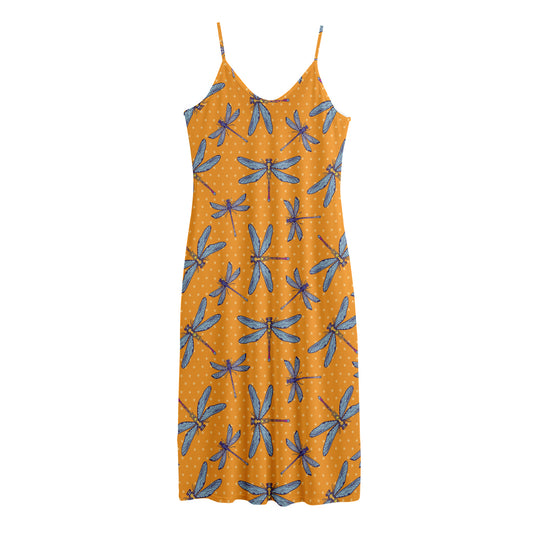 Polka Dot Dragonfly Pattern Print Jersey Midi Cami Dress