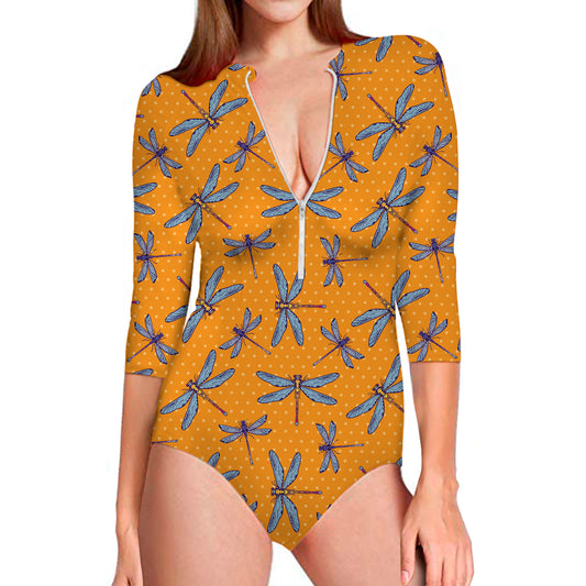 Polka Dot Dragonfly Pattern Print Long Sleeve Swimsuit