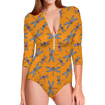 Polka Dot Dragonfly Pattern Print Long Sleeve Swimsuit