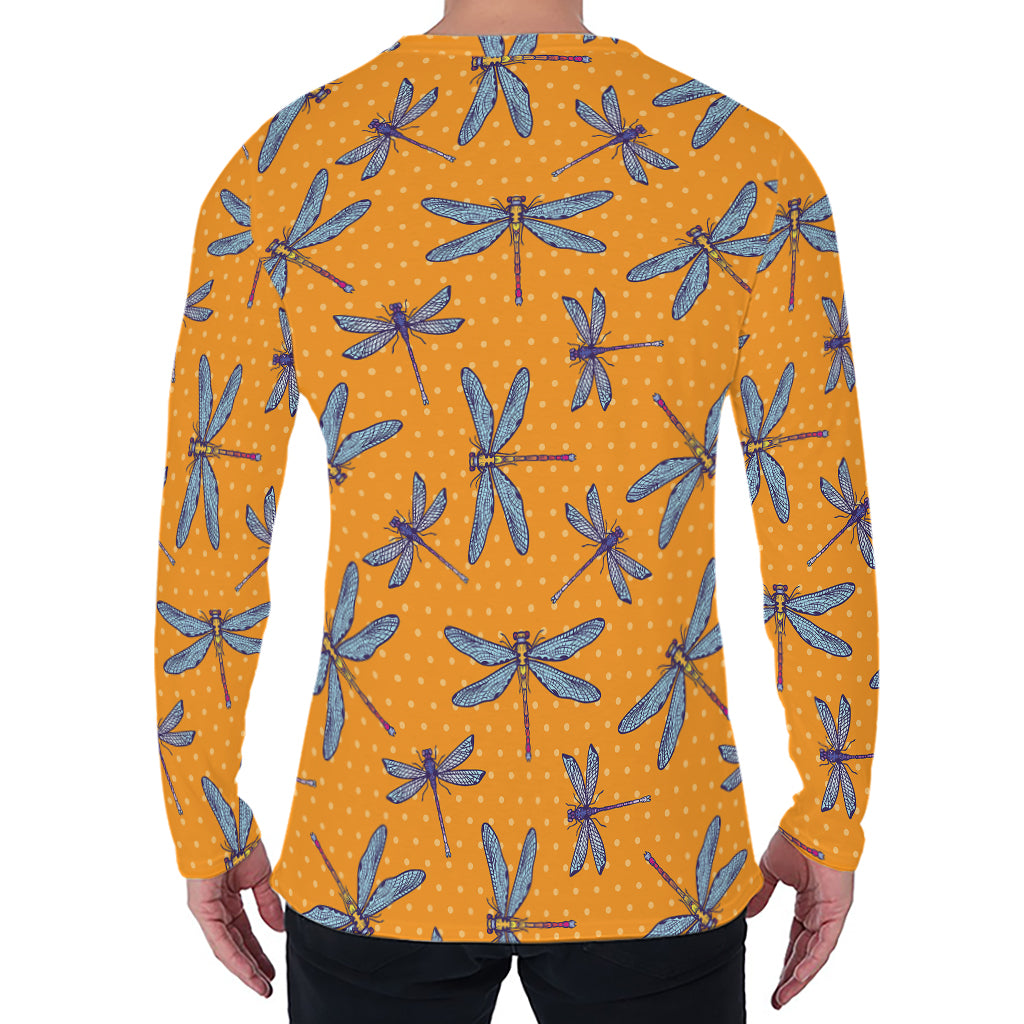 Polka Dot Dragonfly Pattern Print Men's Long Sleeve T-Shirt