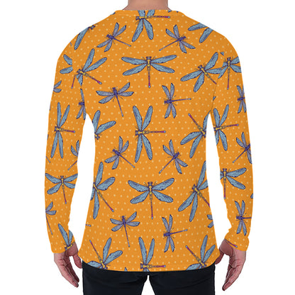 Polka Dot Dragonfly Pattern Print Men's Long Sleeve T-Shirt