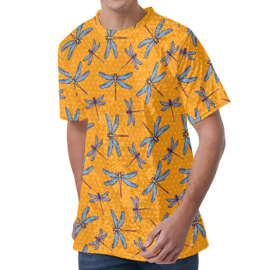Polka Dot Dragonfly Pattern Print Men's Velvet T-Shirt
