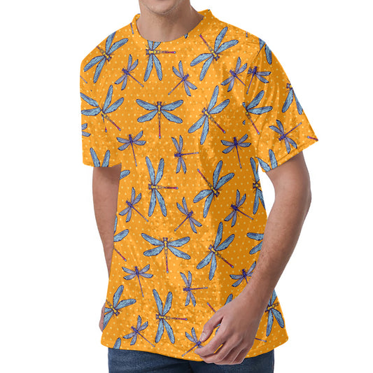Polka Dot Dragonfly Pattern Print Men's Velvet T-Shirt
