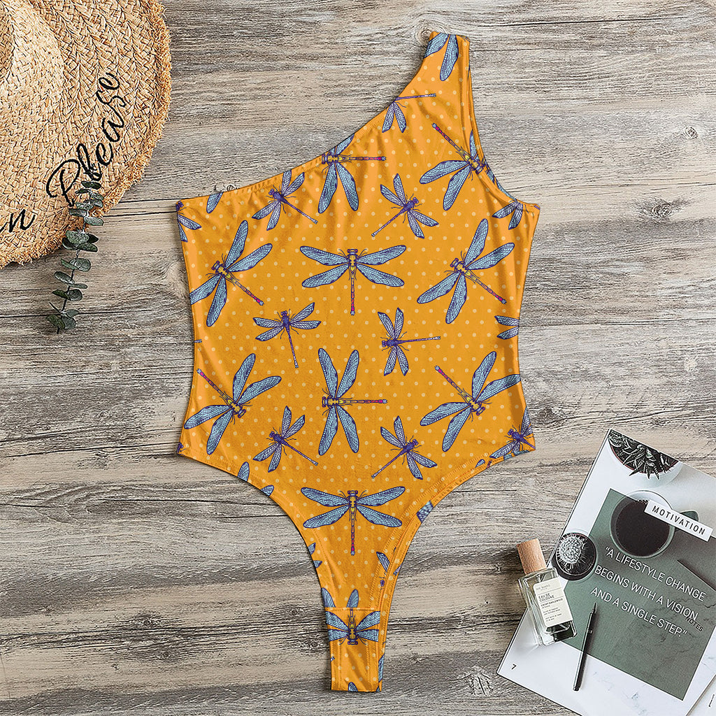Polka Dot Dragonfly Pattern Print One Shoulder Bodysuit