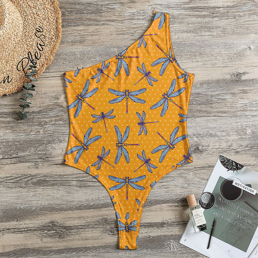 Polka Dot Dragonfly Pattern Print One Shoulder Bodysuit