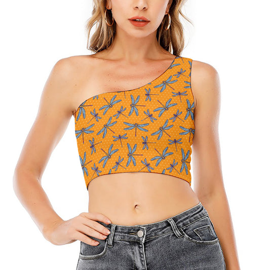 Polka Dot Dragonfly Pattern Print One Shoulder Crop Top