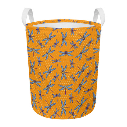 Polka Dot Dragonfly Pattern Print Round Laundry Basket