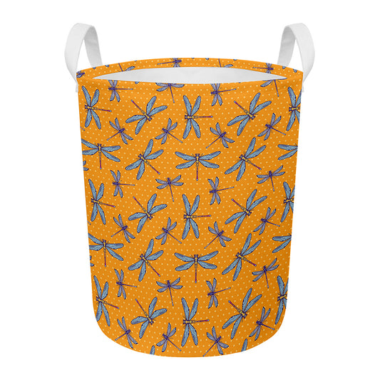 Polka Dot Dragonfly Pattern Print Round Laundry Basket