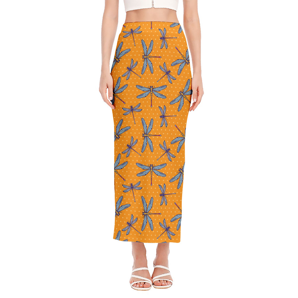 Polka Dot Dragonfly Pattern Print Side Slit Maxi Skirt