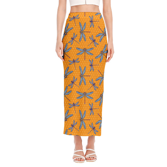 Polka Dot Dragonfly Pattern Print Side Slit Maxi Skirt