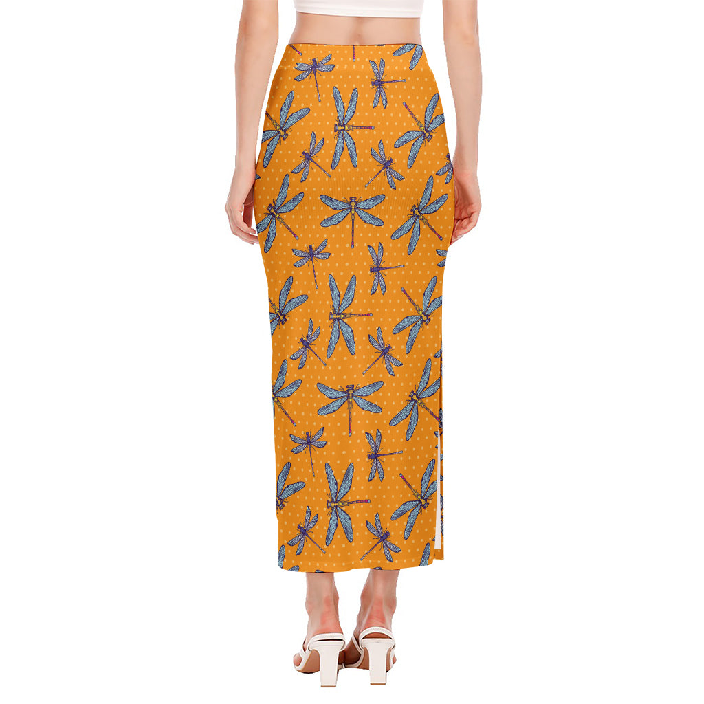 Polka Dot Dragonfly Pattern Print Side Slit Maxi Skirt
