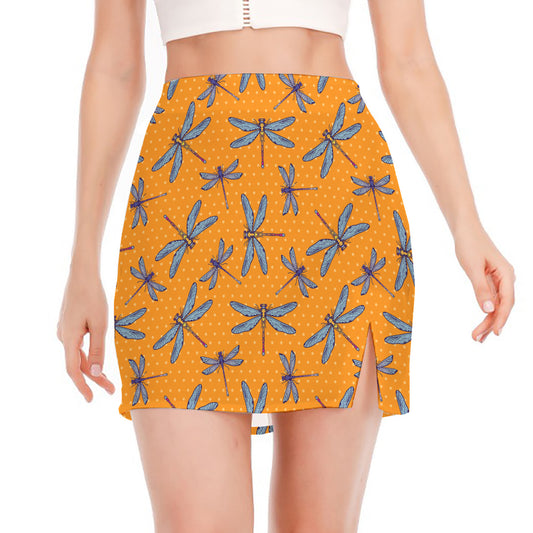 Polka Dot Dragonfly Pattern Print Side Slit Mini Skirt