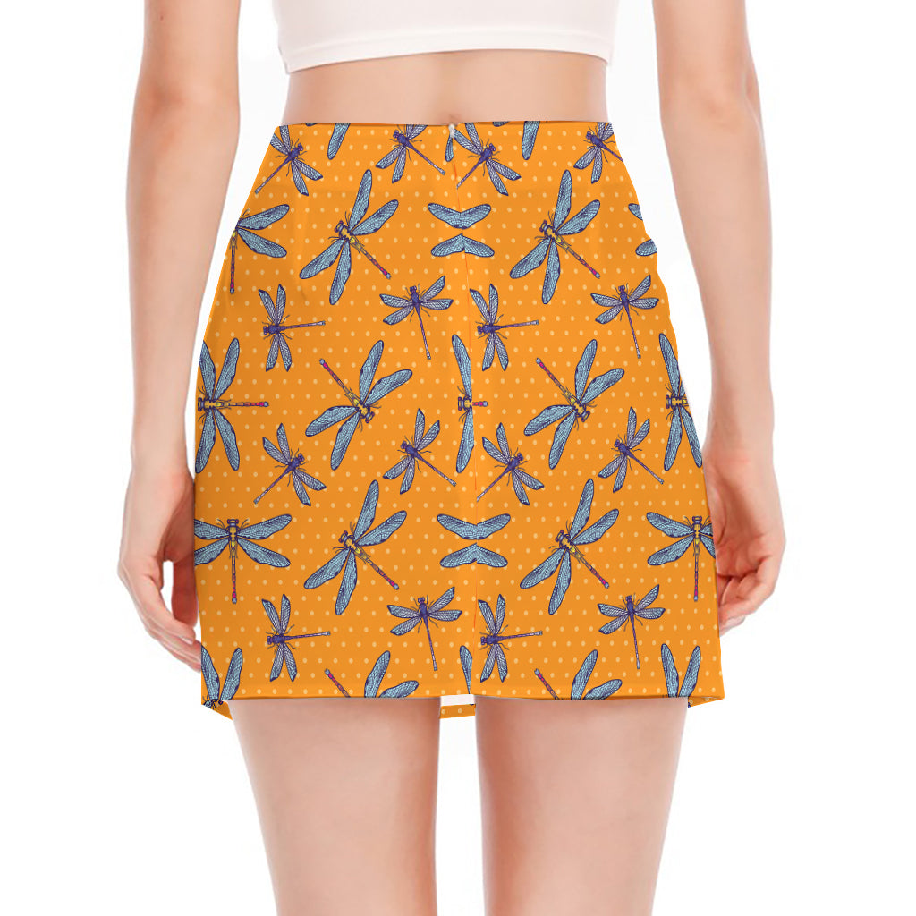 Polka Dot Dragonfly Pattern Print Side Slit Mini Skirt