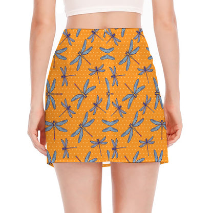 Polka Dot Dragonfly Pattern Print Side Slit Mini Skirt