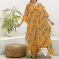 Polka Dot Dragonfly Pattern Print Silk V-Neck Kaftan Dress