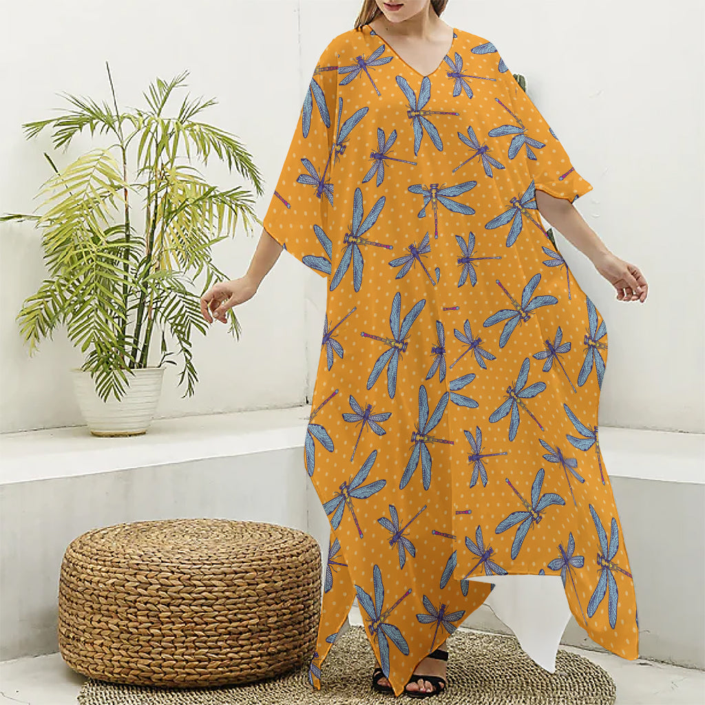 Polka Dot Dragonfly Pattern Print Silk V-Neck Kaftan Dress