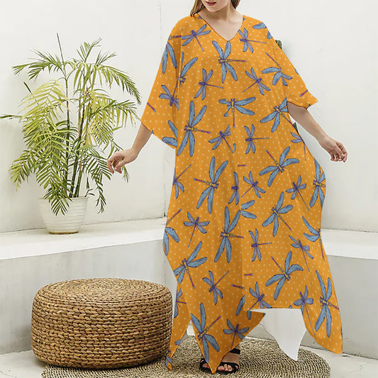Polka Dot Dragonfly Pattern Print Silk V-Neck Kaftan Dress