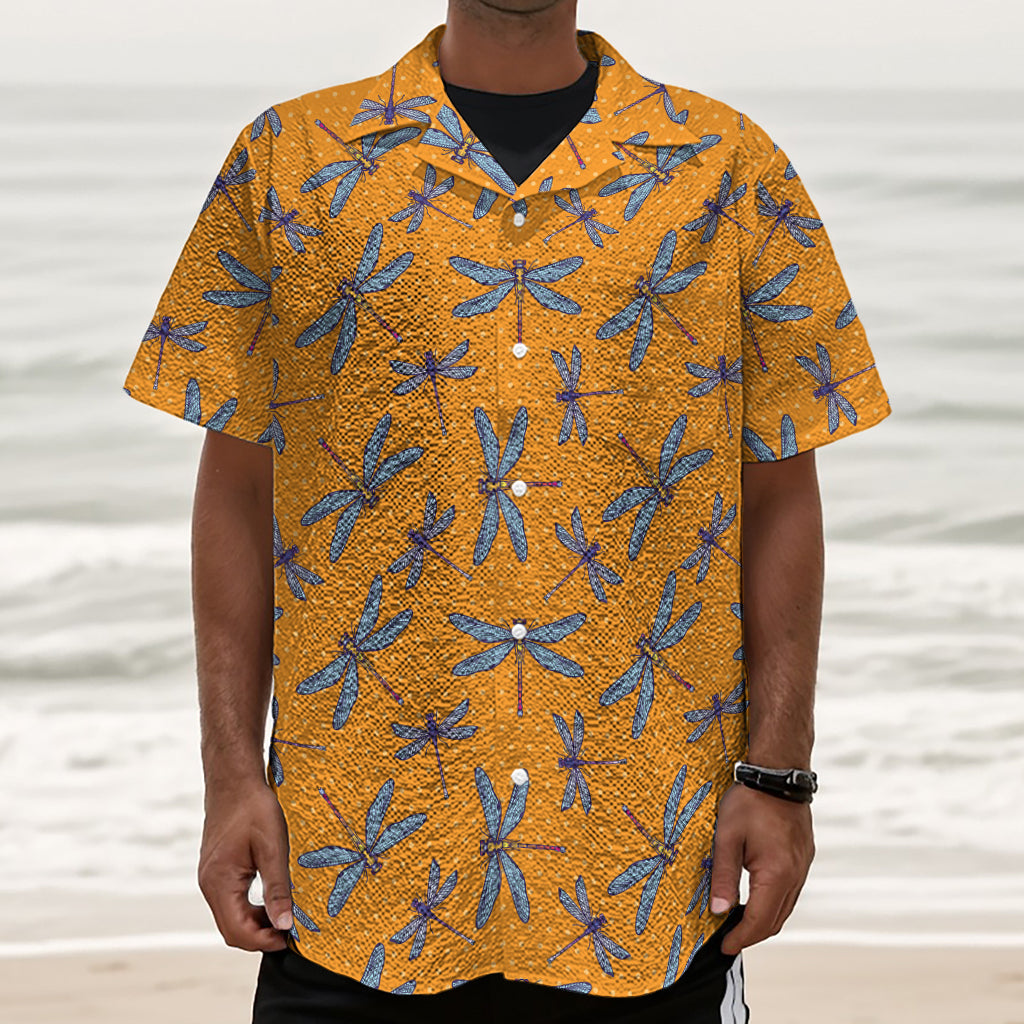 Polka Dot Dragonfly Pattern Print Textured Short Sleeve Shirt