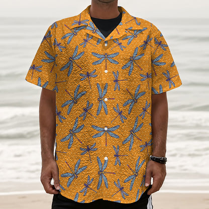 Polka Dot Dragonfly Pattern Print Textured Short Sleeve Shirt
