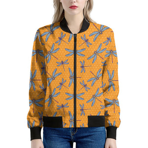 Polka Dot Dragonfly Pattern Print Women's Bomber Jacket