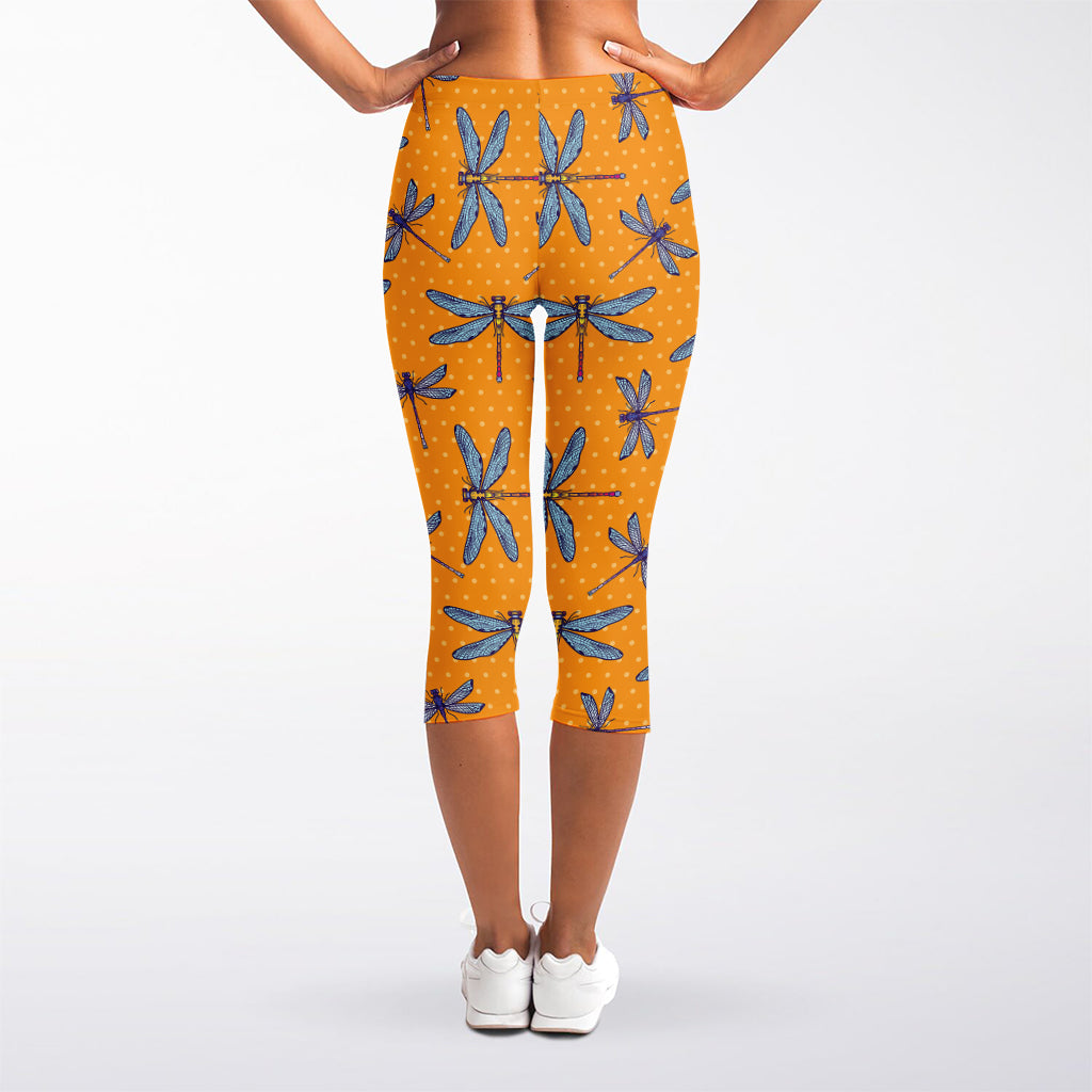 Polka Dot Dragonfly Pattern Print Women's Capri Leggings