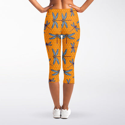 Polka Dot Dragonfly Pattern Print Women's Capri Leggings