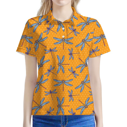 Polka Dot Dragonfly Pattern Print Women's Polo Shirt