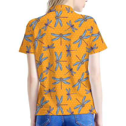 Polka Dot Dragonfly Pattern Print Women's Polo Shirt