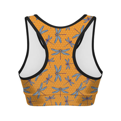 Polka Dot Dragonfly Pattern Print Women's Sports Bra
