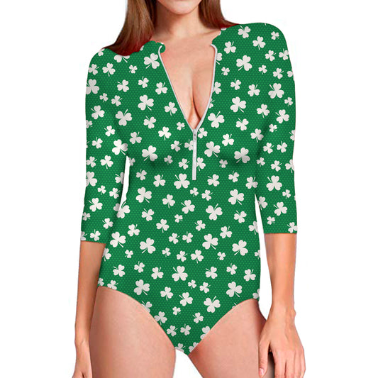 Polka Dot Irish St. Patrick's Day Print Long Sleeve Swimsuit