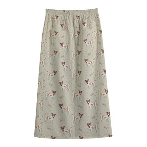 Polka Dot Jack Russell Terrier Print Cotton Front Slit Maxi Skirt