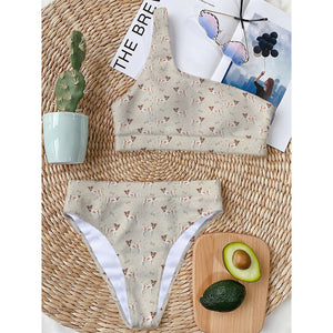 Polka Dot Jack Russell Terrier Print One Shoulder Bikini Top