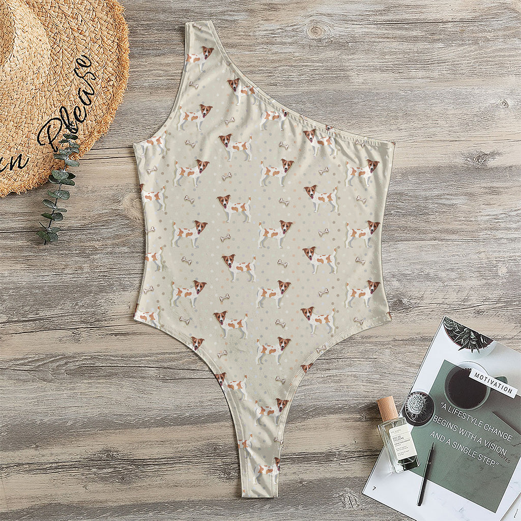 Polka Dot Jack Russell Terrier Print One Shoulder Bodysuit