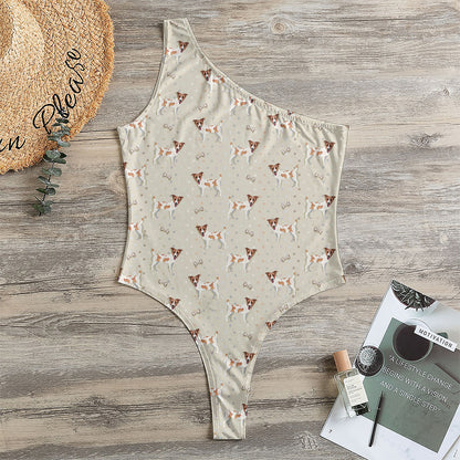 Polka Dot Jack Russell Terrier Print One Shoulder Bodysuit