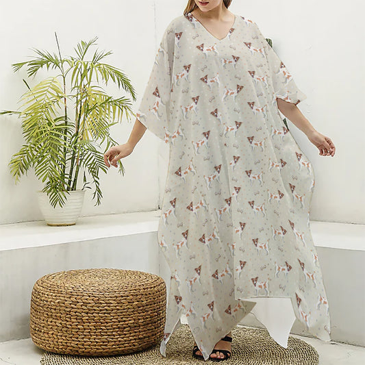 Polka Dot Jack Russell Terrier Print Silk V-Neck Kaftan Dress