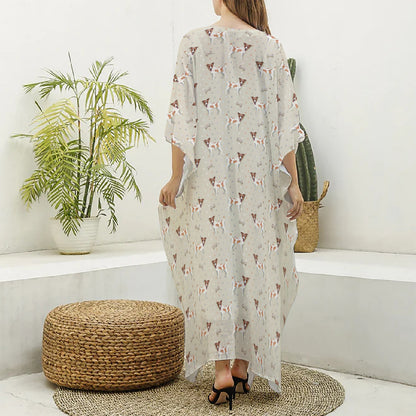 Polka Dot Jack Russell Terrier Print Silk V-Neck Kaftan Dress