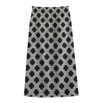Polka Dot Knitted Pattern Print Cotton Front Slit Maxi Skirt