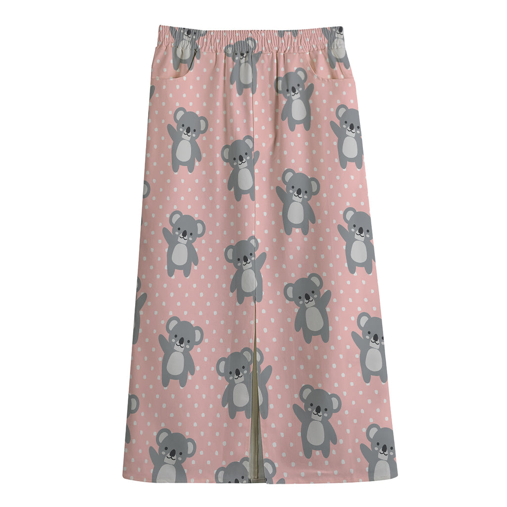 Polka Dot Koala Pattern Print Cotton Front Slit Maxi Skirt