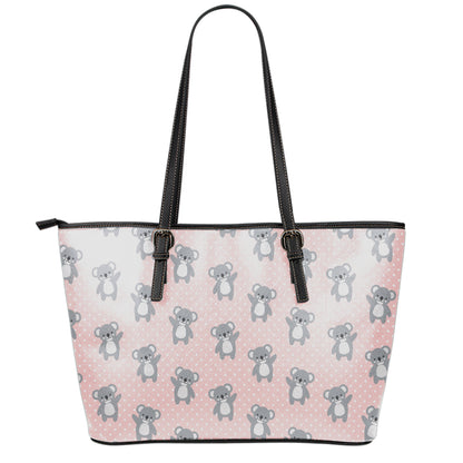 Polka Dot Koala Pattern Print Leather Tote Bag